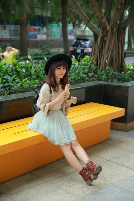Little Asian teen poses in her cute outfit in her public compilation