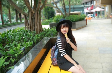 Little Asian teen poses in her cute outfit in her public compilation